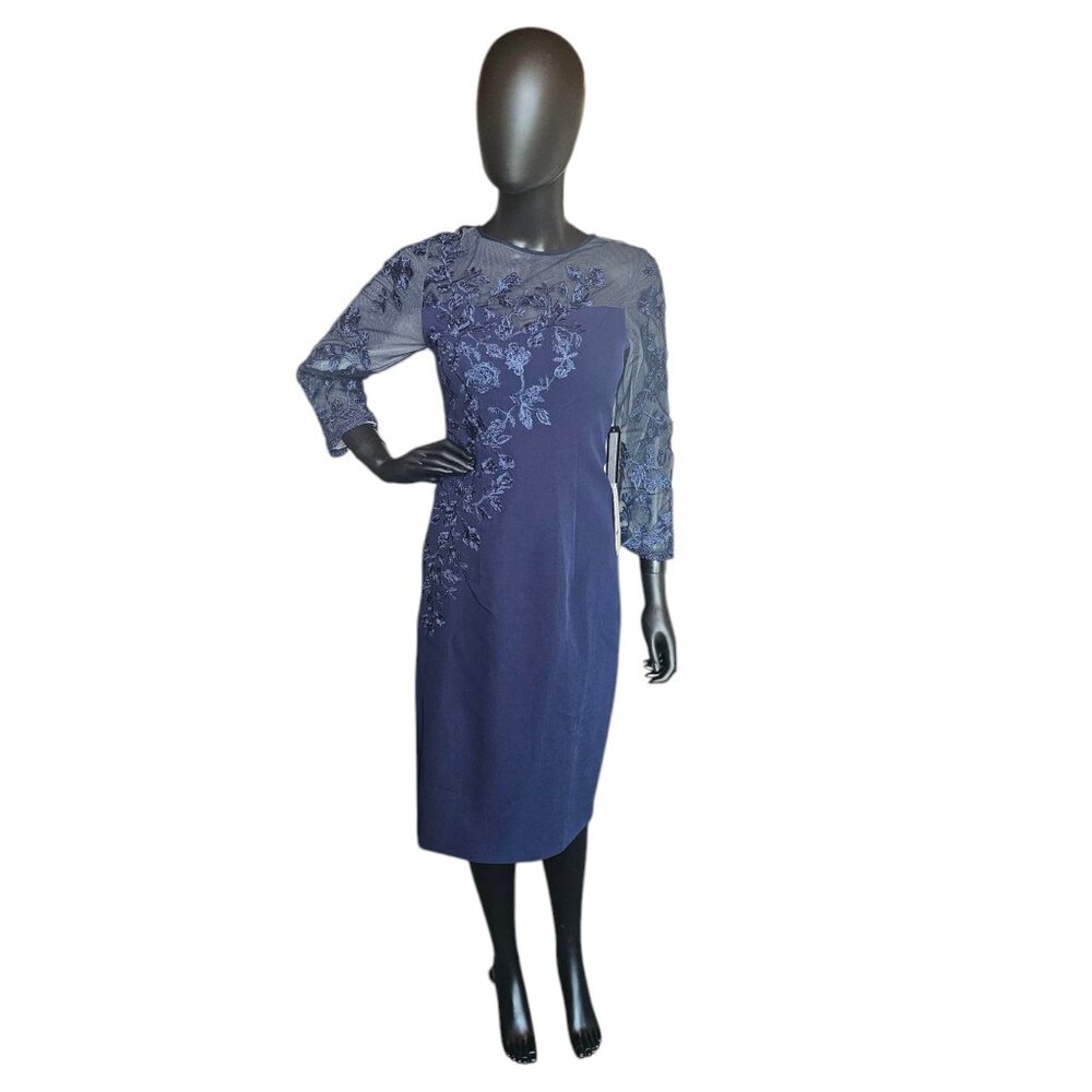 Navy Illusion Sleeve Fitted Formal Dress - TS Couture NWT
